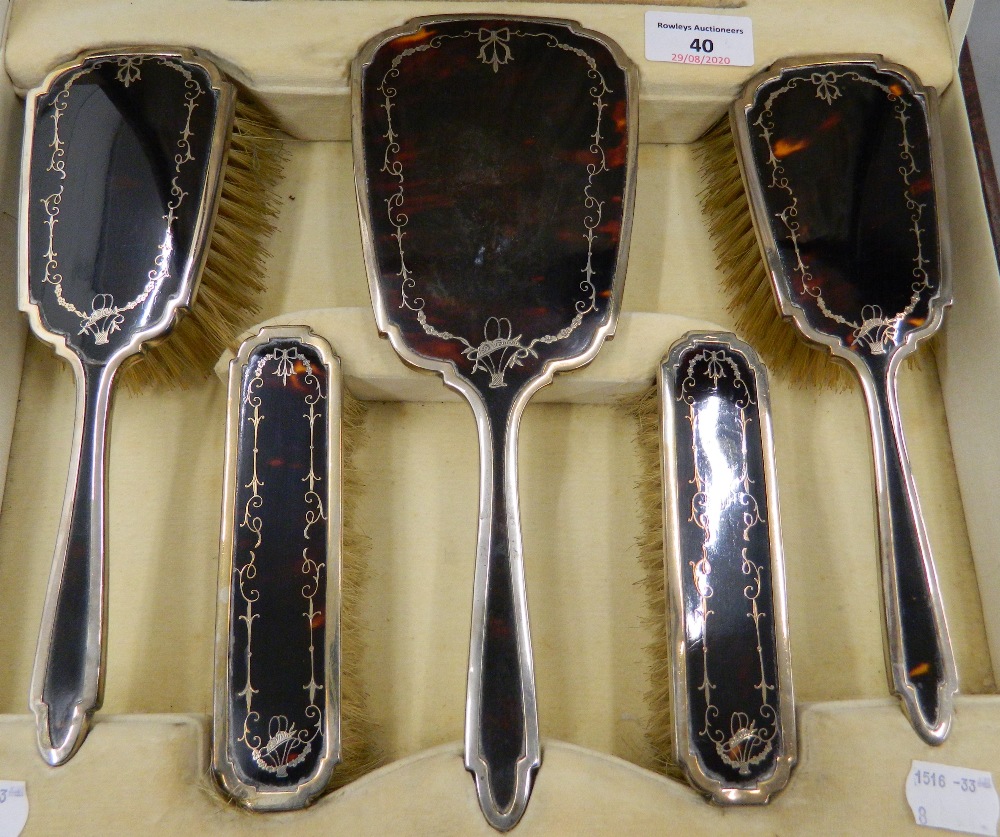 A cased silver and tortoiseshell dressing set (lacking comb). The case 34 cm wide. - Image 13 of 13