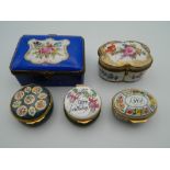 Five various enamel and porcelain boxes. The largest 9 cm wide.