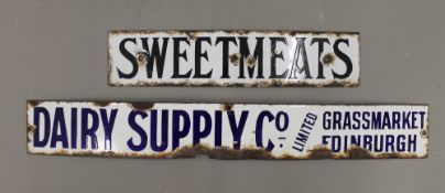 Two small enamel signs, one Sweetmeats, the other Dairy Supply Co Limited Grassmarket Edinburgh.