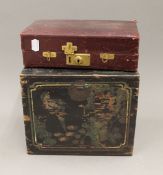 A wooden painted box and a small leather jewellery box. The former 25 cm wide.