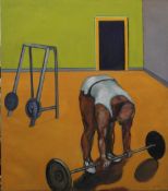 LEIGH HUNT, The Weightlifter, oil on canvas, unframed. 105 x 120 cm.