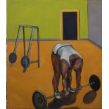 LEIGH HUNT, The Weightlifter, oil on canvas, unframed. 105 x 120 cm.