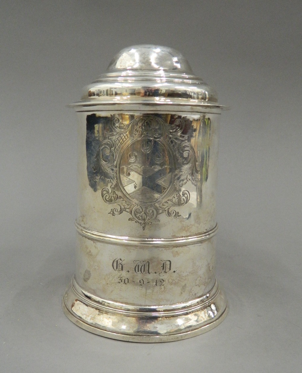 A George II silver lidded tankard, hallmarked for London 1742, maker's mark of F Spilsbury. 17. - Image 2 of 11
