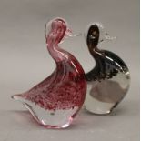 A pair of Medina glass seahorse form paperweights and two duck form paperweights. The former 14.