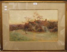 GEORGE OYSTON, Figures on a Path with Cottages Beyond, watercolour, signed and dated 1911,