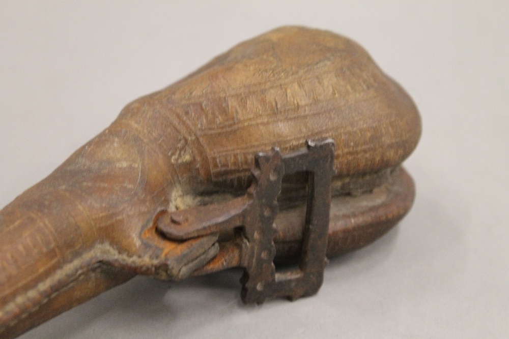An antique camel scrotum powder flask. 20.5 cm high. - Image 4 of 4