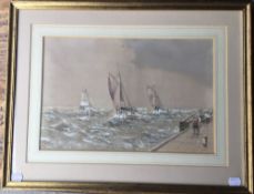 J ADAMS, British, Fishing Boats Returning to Harbour, watercolour, framed and glazed. 40 x 25 cm.