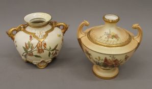 Two Royal Worcester blush ivory florally decorated vases. The largest 20 cm high.