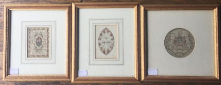 Three small watercolours, stained glass window designs, framed and glazed. 6 x 8.5 cm.