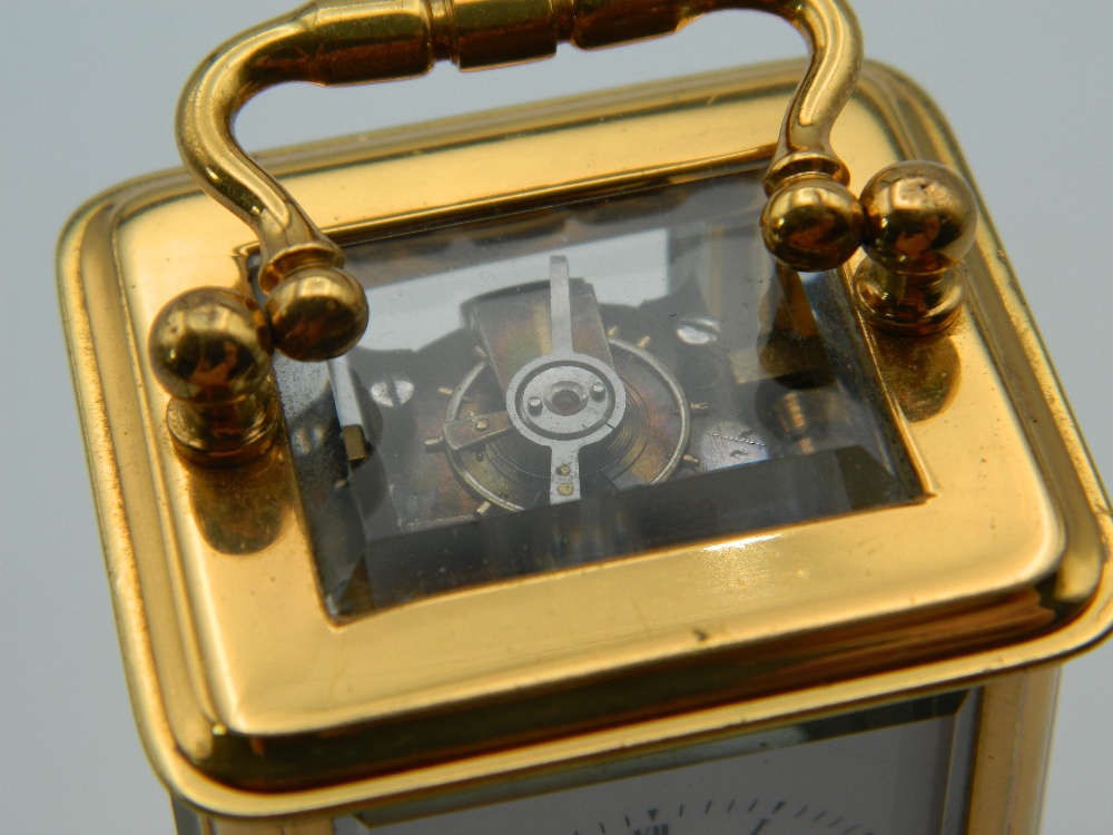 A miniature Antique carriage clock with brass and panelled glass case, - Image 7 of 8