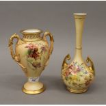 Two Royal Worcester blush ivory florally decorated vases. The largest 24.5 cm high.