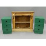 A Victorian pine chiffonier and a pair of green painted pot cupboards. The former 92 cm wide.
