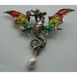 A silver plique-a-jour dragon brooch. 6 cm wide.