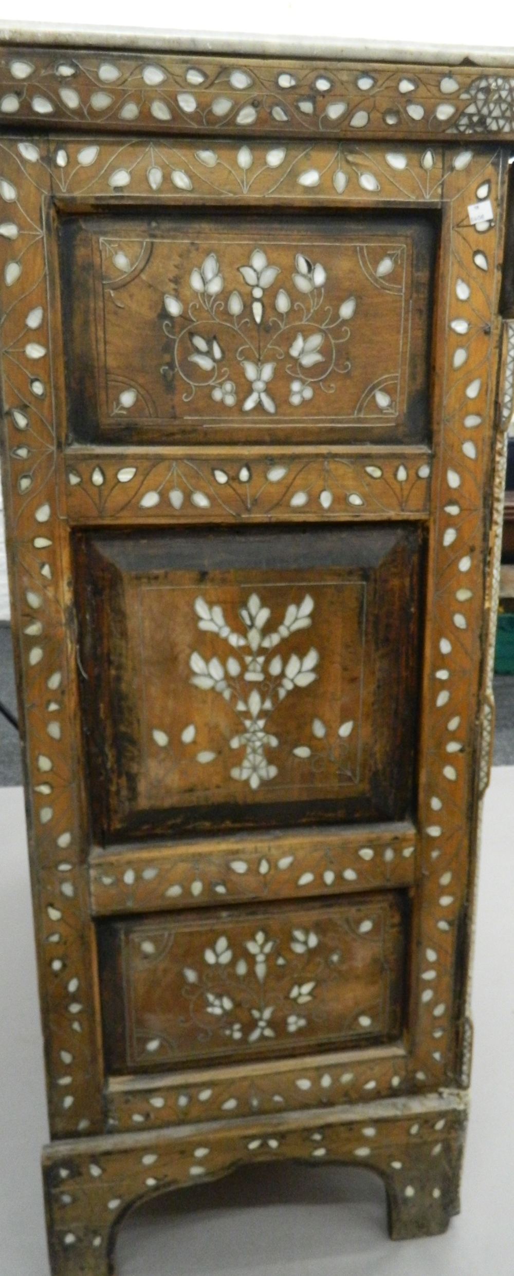 A Syrian mother-of-pearl inlaid chest of drawers with associated marble top. - Image 10 of 25