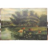 A naive oil on canvas depicting Cattle, signed Norah Gray, dated 1903. 48 x 33 cm.
