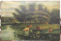 A naive oil on canvas depicting Cattle, signed Norah Gray, dated 1903. 48 x 33 cm.