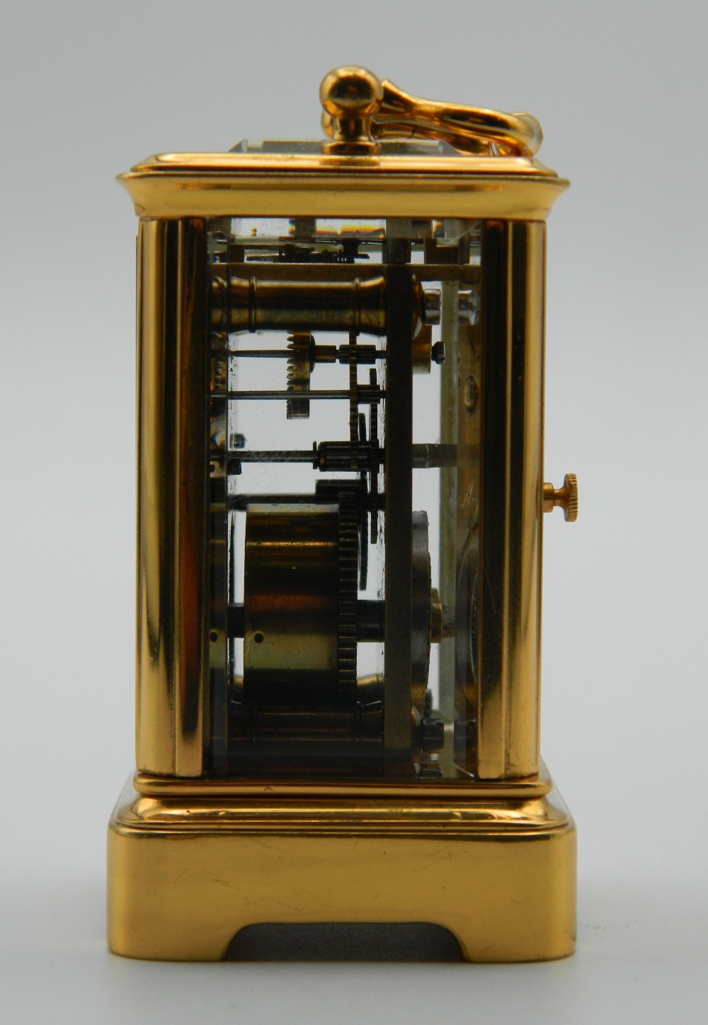 A miniature Antique carriage clock with brass and panelled glass case, - Image 5 of 8