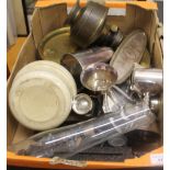 A quantity of miscellaneous vintage items, including brass platters, cast iron door furniture,