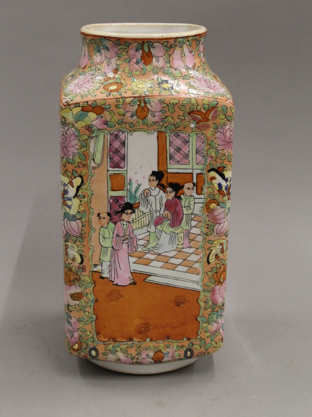 A pair of Chinese square shaped famille rose vases, - Image 11 of 13