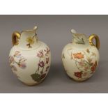 Two large Royal Worcester blush ivory florally decorated jugs. The largest 21 cm high.