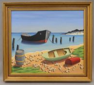 Follower of ''TRISTRAM HILLIER (1905-1983) British'', Boats on the Pebbled Beach, oil on board,