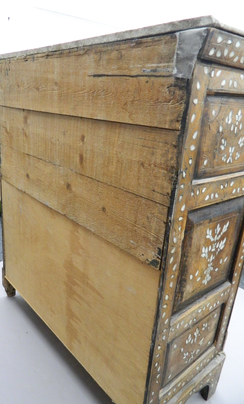 A Syrian mother-of-pearl inlaid chest of drawers with associated marble top. - Image 11 of 25