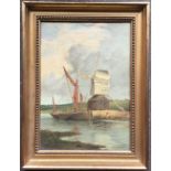 E D W BARNARD, Boat before a Windmill, oil on canvas, framed. 24 x 34 cm.