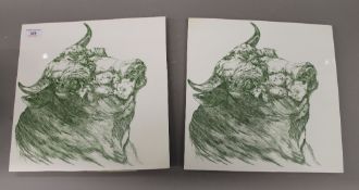 A pair of butchers tiles, each depicting a bull. 30.5 x 30.5 cm.