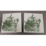 A pair of butchers tiles, each depicting a bull. 30.5 x 30.5 cm.