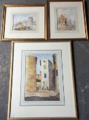 Three 19th/20th century Continental Townscape, watercolours, framed and glazed.