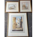 Three 19th/20th century Continental Townscape, watercolours, framed and glazed.