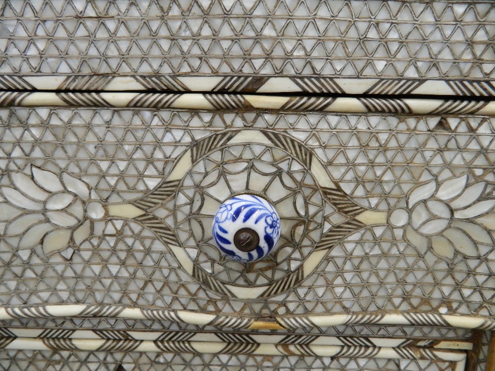 A Syrian mother-of-pearl inlaid chest of drawers with associated marble top. - Image 4 of 25