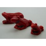 Three carved coral frogs and three carved coral tortoises. The largest 6 cm long.