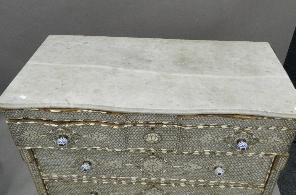 A Syrian mother-of-pearl inlaid chest of drawers with associated marble top. - Image 2 of 25