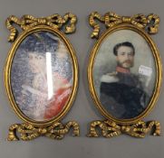 A pair of gilt frame miniatures. 23 cm high overall.