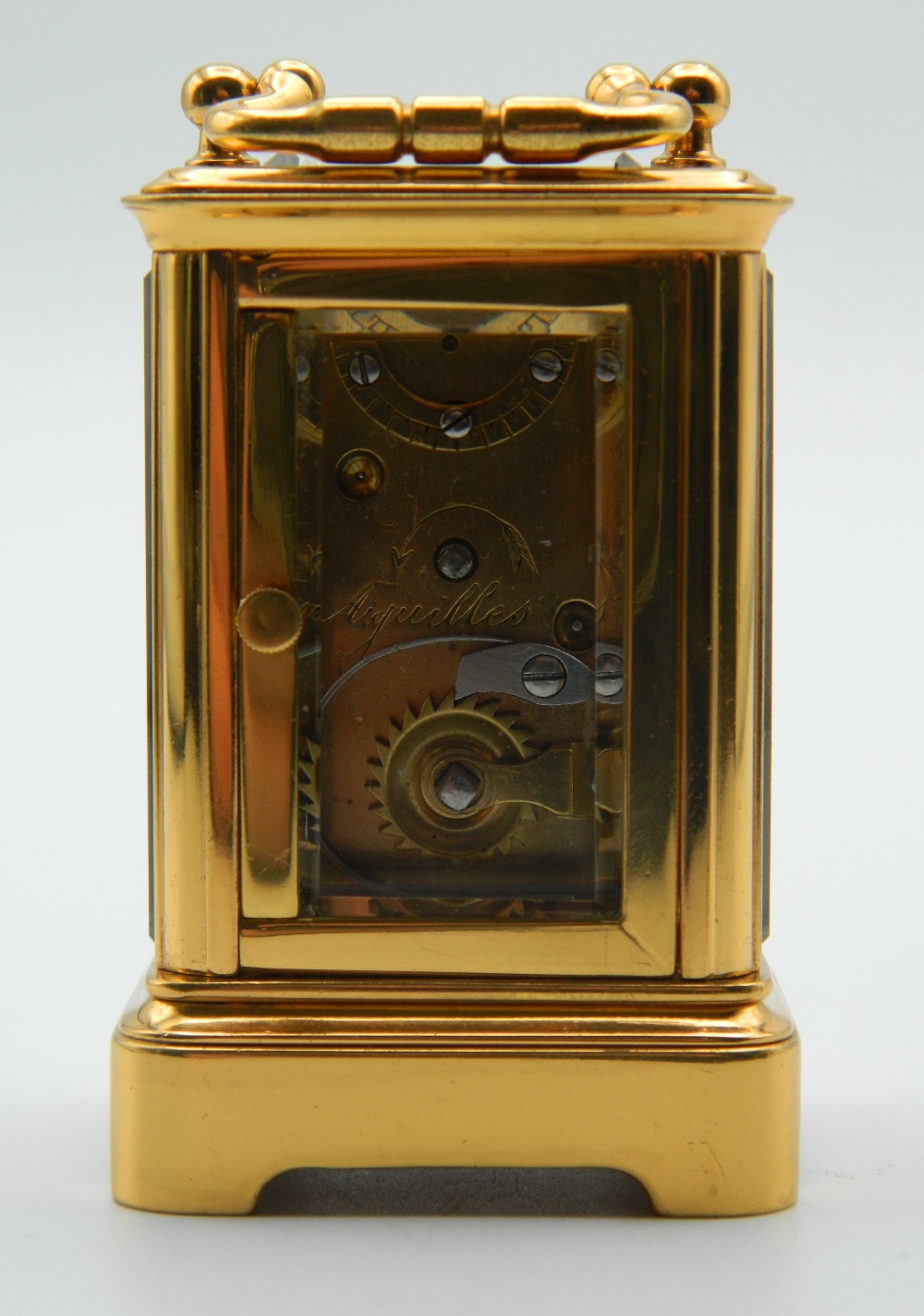 A miniature Antique carriage clock with brass and panelled glass case, - Image 4 of 8