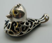 A silver pin cushion formed as a duck. 2 cm high.