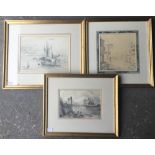 Three 19th century pencil sketches, Fisher Boats by a Bridge and two others, all framed and glazed.