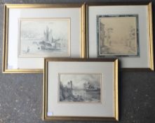 Three 19th century pencil sketches, Fisher Boats by a Bridge and two others, all framed and glazed.