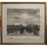 A large etching of Amsterdam, indistinctly signed to margin, framed and glazed. 74 x 66 cm.