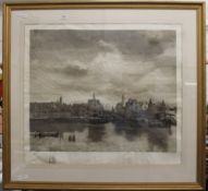 A large etching of Amsterdam, indistinctly signed to margin, framed and glazed. 74 x 66 cm.