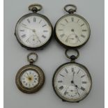 Four silver cased pocket watches. The smallest 4 cm diameter.