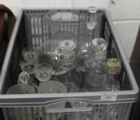 A collection of various glass decanters, etc.