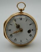 An 18 ct gold cased verge pocket watch. 5 cm diameter. 90 grammes total weight.