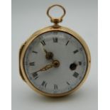 An 18 ct gold cased verge pocket watch. 5 cm diameter. 90 grammes total weight.