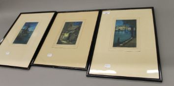Three Continental coloured etchings, framed and glazed. The largest 29 x 42 cm overall.
