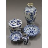 Two Chinese vases, a lidded pot and two dishes. The largest 18 cm high.