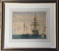 19TH CENTURY SCHOOL, HMS DUNCAN, watercolour, initialled M.S.N, framed and glazed. 28 x 22 cm.