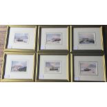 PETER MILLS, Coastal Views, six watercolours, framed and glazed. 8 x 5.5 cm.