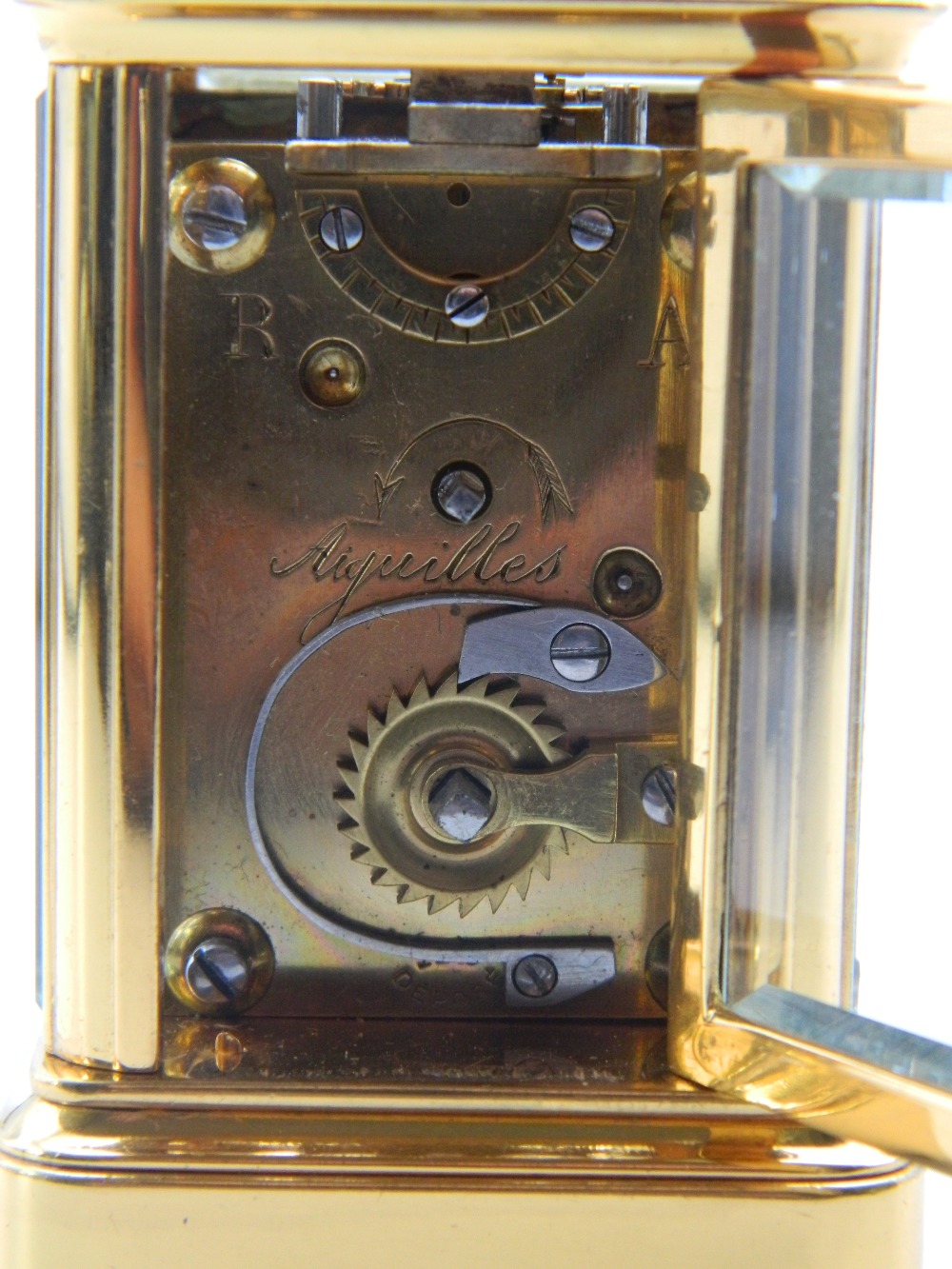 A miniature Antique carriage clock with brass and panelled glass case, - Image 8 of 8